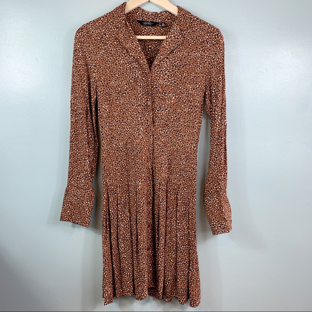 Paris Atelier & Other Stories Dotted Patterned Brown Pleated Shirt Dress Size 0